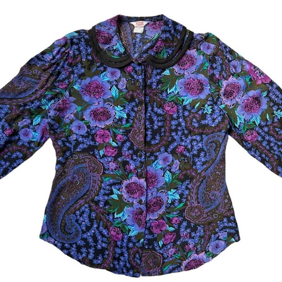80s vintage floral Peter Pan Collar blouse paisley print puff sleeve button up. - Picture 2 of 7